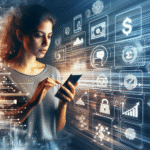 A digital illustration of a person using a smartphone to manage finances, symbolizing telefinancing. The background shows abstract financial graphs and icons.