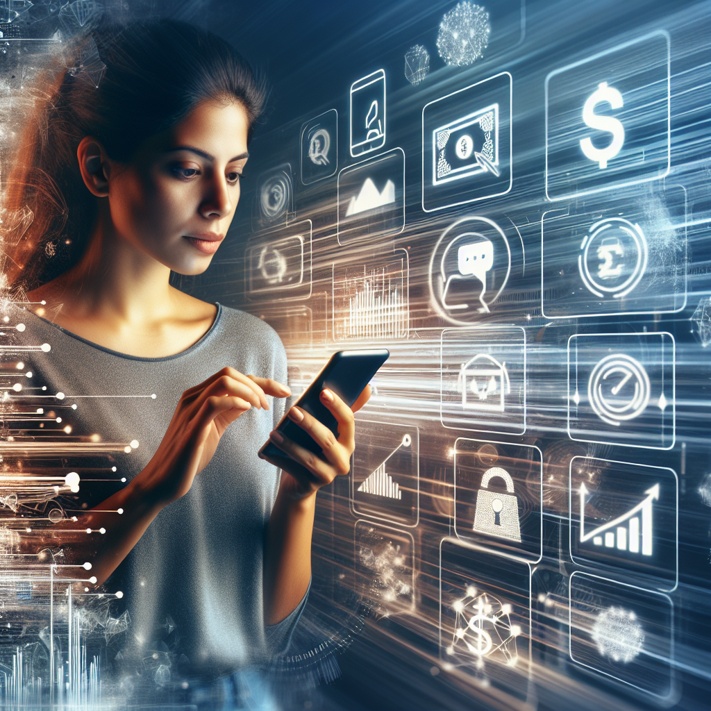 A digital illustration of a person using a smartphone to manage finances, symbolizing telefinancing. The background shows abstract financial graphs and icons.