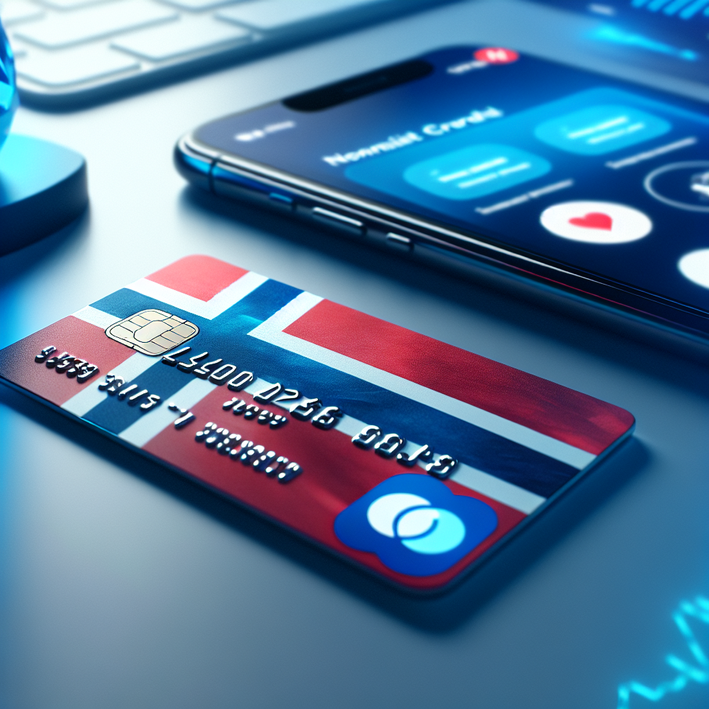 Nærbilde av et moderne kredittkort på et rent skrivebord, med mobilapp-varsler i bakgrunnen og norske farger, fokus på sikkerhet og økonomisk kontroll