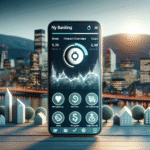 Moderne norsk digital bank-app vist på smarttelefon, rolig bybakgrunn, fokus på økonomisk oversikt og lånedetaljer