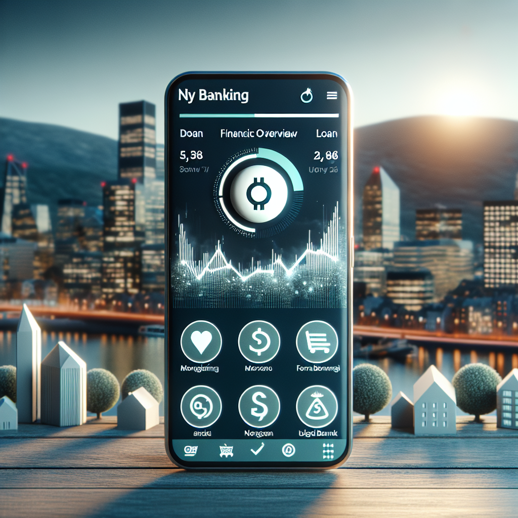 Moderne norsk digital bank-app vist på smarttelefon, rolig bybakgrunn, fokus på økonomisk oversikt og lånedetaljer