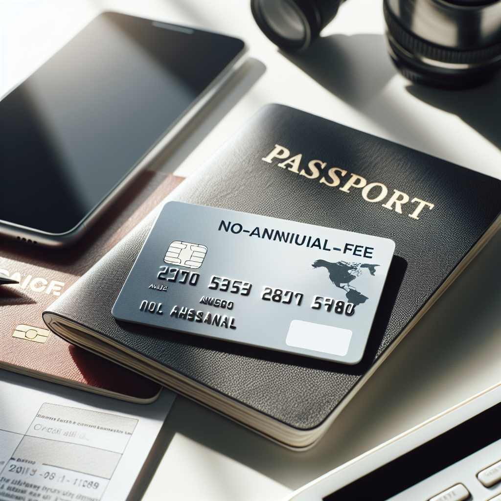 Nærbilde av et moderne Visa-kort uten årsavgift på et bord med mobil, pass og reisedokumenter, lyst og profesjonelt