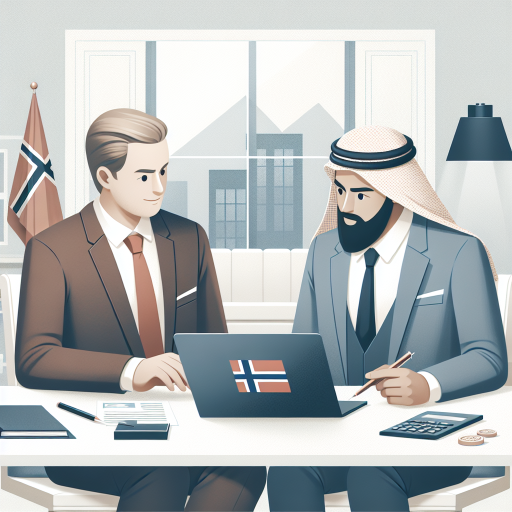 Profesjonelt, moderne kontormiljø: en rådgiver og kunde som går gjennom økonomidokumenter på en laptop, nøytral fargepalett, norsk bankfølelse, høy oppløsning