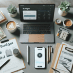 Oversiktsbilde: en rolig skrivebordsscene med laptop, budsjettdokumenter og en mobilbank-app som viser en kredittramme; moderne nordisk stil, dempet fargepalett