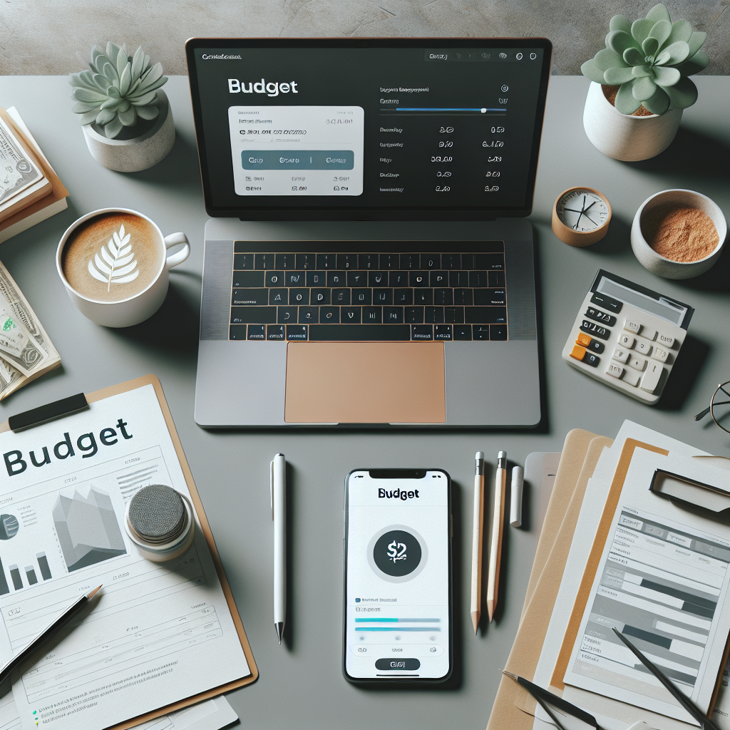 Oversiktsbilde: en rolig skrivebordsscene med laptop, budsjettdokumenter og en mobilbank-app som viser en kredittramme; moderne nordisk stil, dempet fargepalett