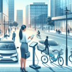 Moderne byscene med elbil, sykler og en person som sammenligner mobilitetstjenester på telefonen, stilisert, lys, profesjonell